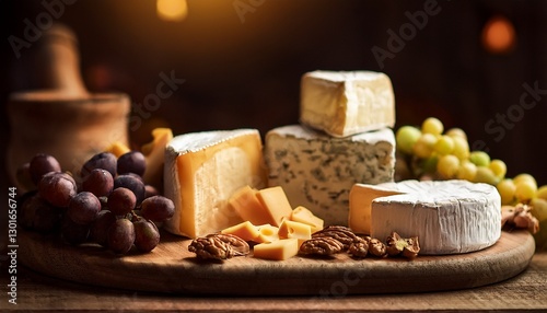 rustic cheese board with brie cheddar blue cheese nuts and grapes on a wooden slab in warm natural light