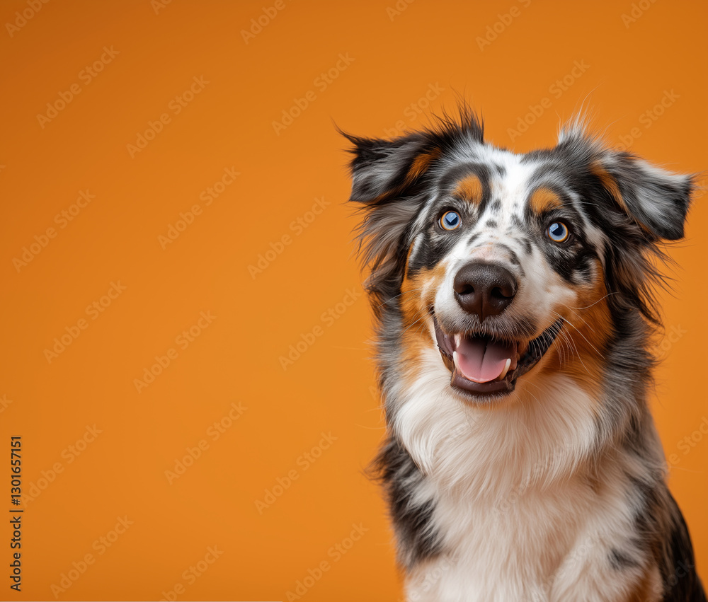 Fototapeta premium Australian Shepherd dog on minimalistic colorful background with Copy Space. Perfect for banners, veterinary ads, pet food promotions, and minimalist designs.