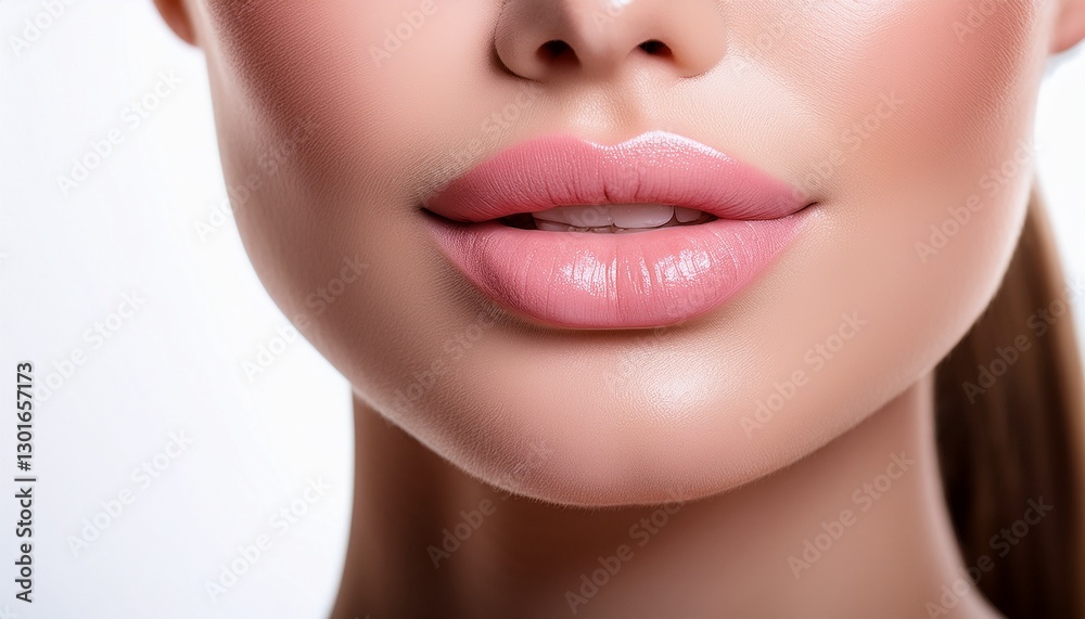 close up of soft pink lips with glossy finish highlighting natural beauty and smooth application of lip gloss on a serene white background close up of soft pink lips with glossy finish highlighting natural beauty and smooth application of lip gloss on a serene white background
