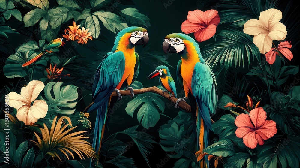 Obraz premium A beautifully detailed tropical wallpaper with dense lush foliage vibrant flowers and colorful parrots perched in a thriving exotic jungle environment