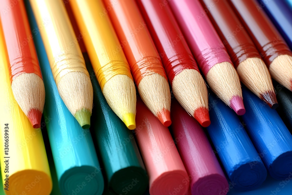 Several colorful sharpened pencils arranged closely together on a surface Several colorful sharpened pencils arranged closely together on a surface