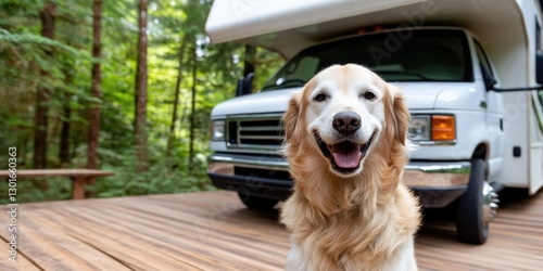 Dog in front of RV, forest background, happy pet, outdoor travel, vacation photo