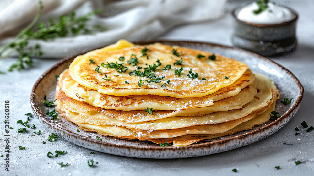 Stack of Homemade Pancakes with Fresh Herbs on Rustic Plate Stack of Homemade Pancakes with Fresh Herbs on Rustic Plate