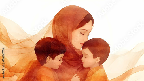 Loving Mother Holds Two Sons Gently