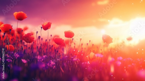 Colorful sunset over poppy field