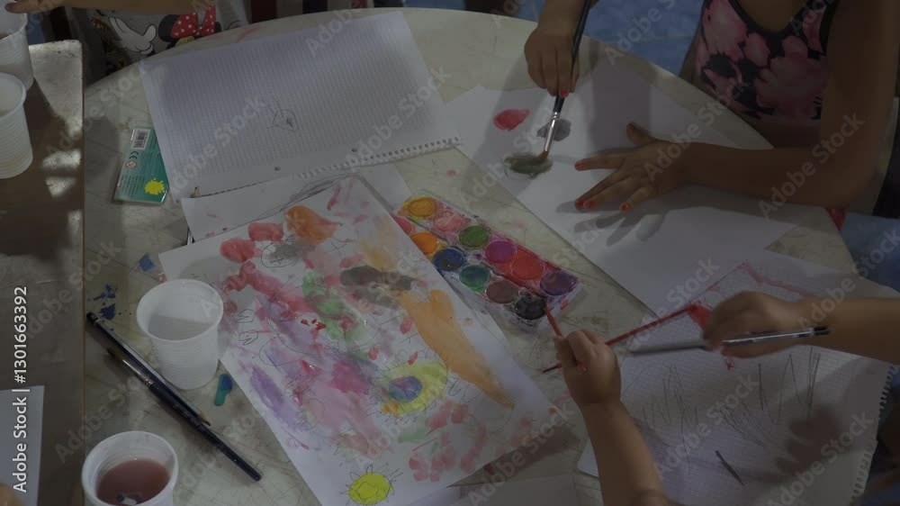 niños pintando con acuarelas sobre papel