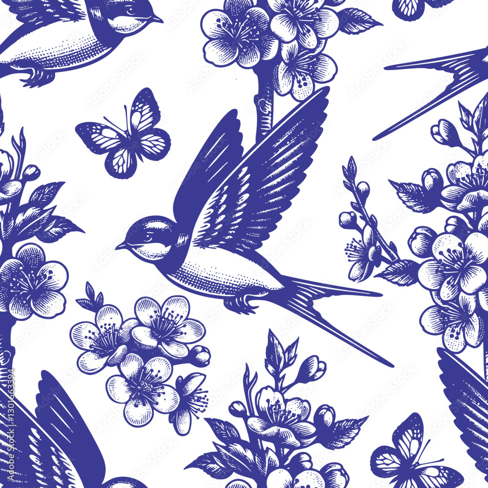 Seamless Pattern Featuring Swallow, Blossoming Flower, And Butterfly In Sketch Style, Perfect For Wallpaper And Fabric