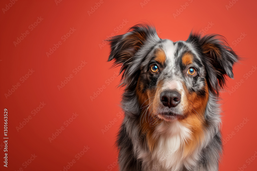 Fototapeta premium Australian Shepherd dog on minimalistic colorful background with Copy Space. Perfect for banners, veterinary ads, pet food promotions, and minimalist designs.