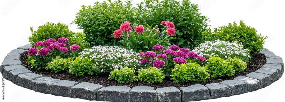 Naklejka premium Vibrant Flower Bed with Colorful Blossoms and Lush Green Foliage