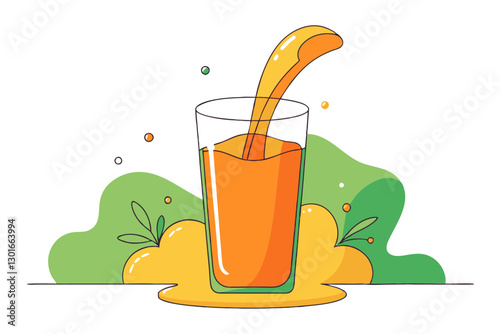 Vibrant Line Art of Fresh Orange Juice Pouring into a Tall Glass