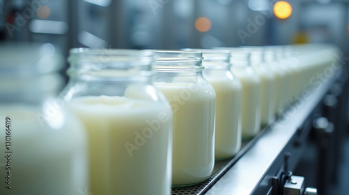 Automated yogurt production line: glass jars on conveyor belt in modern dairy factory