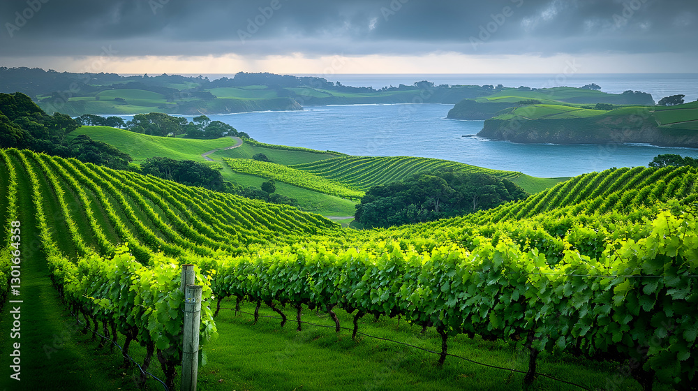 Fototapeta premium Coastal Vineyard Rows at Sunrise