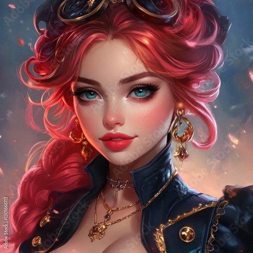 Steampunk woman portrait;  fantasy;  glowing;  cityscape background.  Possible use  game art photo