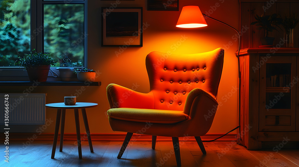 Fototapeta premium Cozy armchair by window, warm evening light
