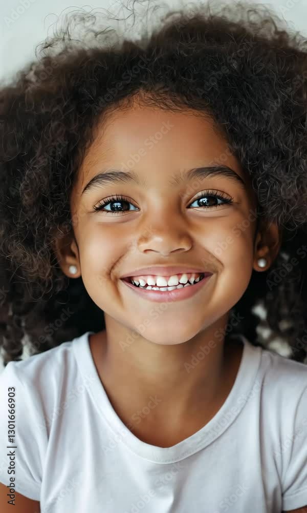 A young girl with curly hair is smiling and looking at the camera A young girl with curly hair is smiling and looking at the camera