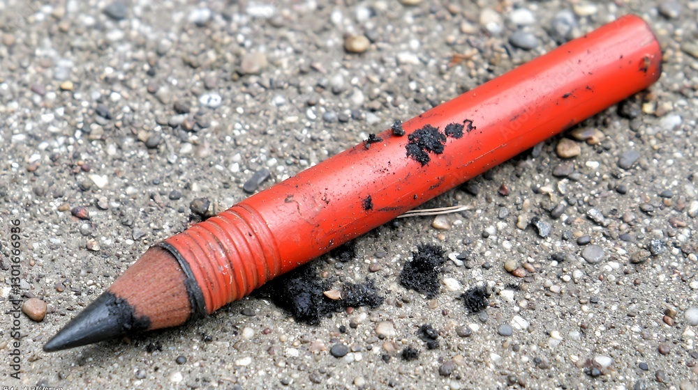Abandoned Red Crayon on Rough Surface with Dark Residue Nearby Abandoned Red Crayon on Rough Surface with Dark Residue Nearby