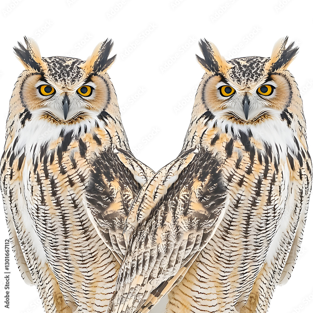 Fototapeta premium Majestic Owl Duo: A pair of striking owls, with piercing yellow eyes and intricate feather patterns, stand side-by-side, presenting a captivating display of avian beauty and symmetry.