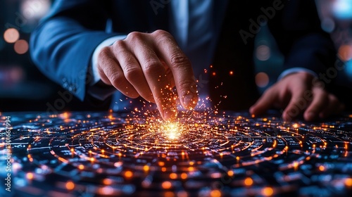 A determined and focused business executive closely examining data visualizations and analytical insights on a computer screen