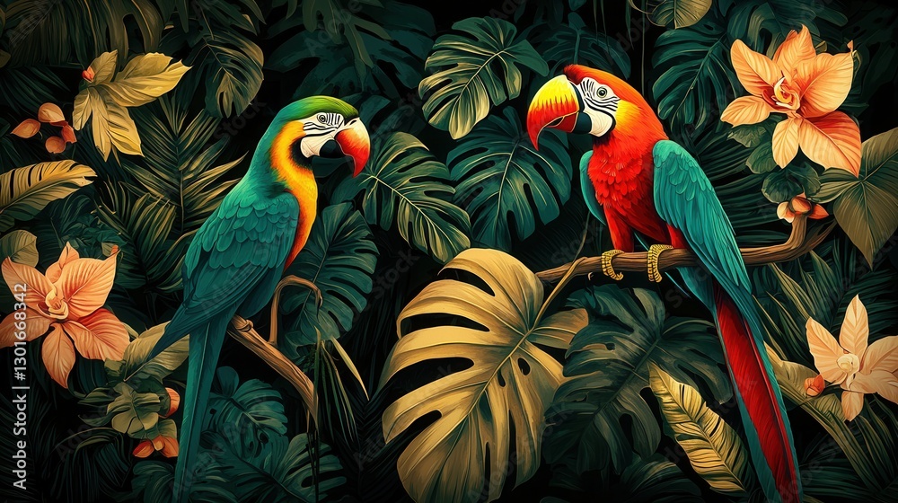 Fototapeta premium Mesmerizing Tropical Parrot Perched Amidst Lush Foliage and Vibrant Flowers A Dreamlike Nature Inspired Wallpaper Filled with Captivating Botanicals and Wildlife
