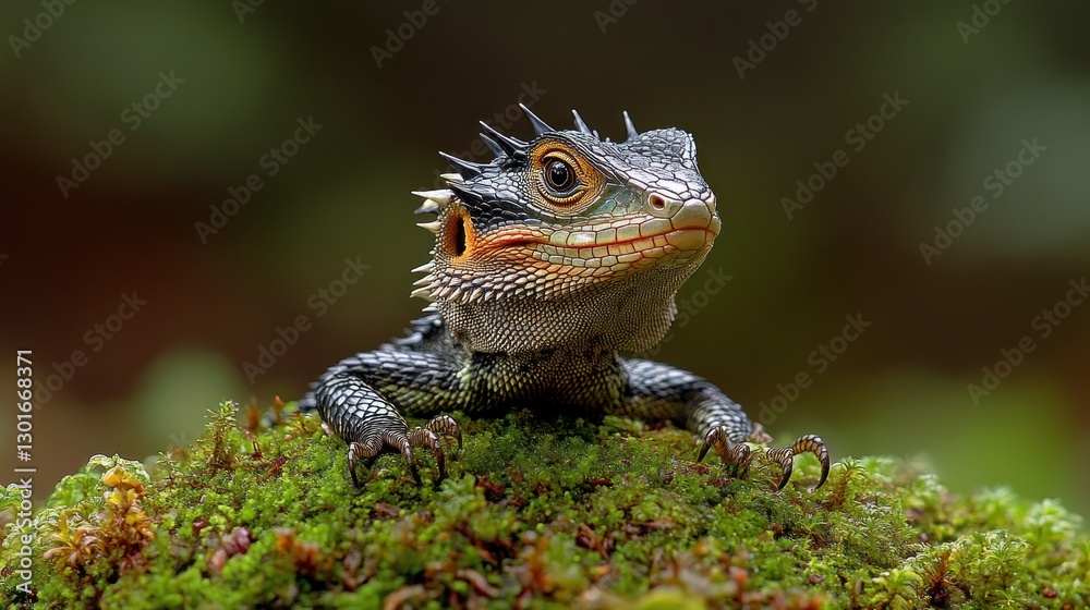Obraz premium Curious Lizard on Mossy Rock in Rainforest