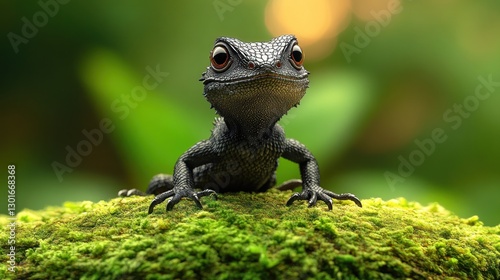 Cute black lizard on mossy rock, jungle background