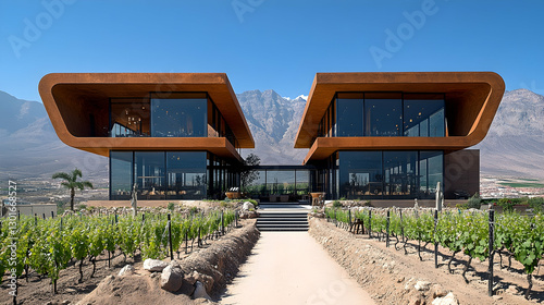 Modern winery restaurant, vineyard view, Andes mountains