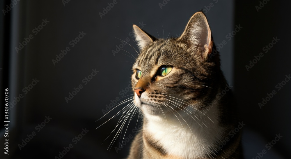 Closeup of a majestic tabby cat with green eyes in natural light Closeup of a majestic tabby cat with green eyes in natural light