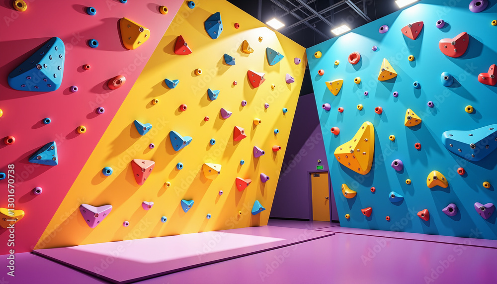 Obraz premium Vibrant climbing walls in dynamic indoor gym, energy and fitness