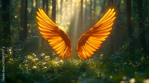 Golden wings spread in sunlit forest photo