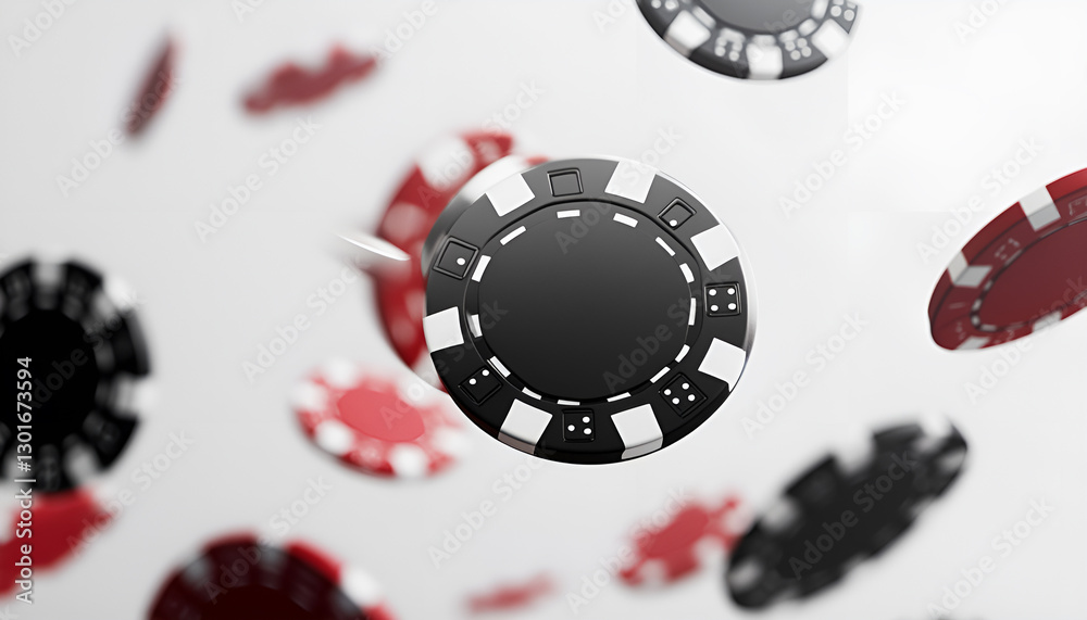 Black and red casino chips falling on white background Black and red casino chips falling on white background