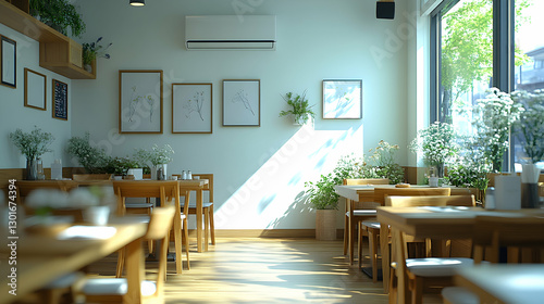 Sunny cafe interior with wooden tables and greenery