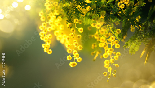 Mimosa Spring Flowers Easter background. Holiday backdrop, border art design....