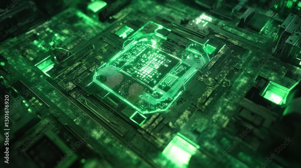 Close-up of glowing green circuit board with central processor. Close-up of glowing green circuit board with central processor.