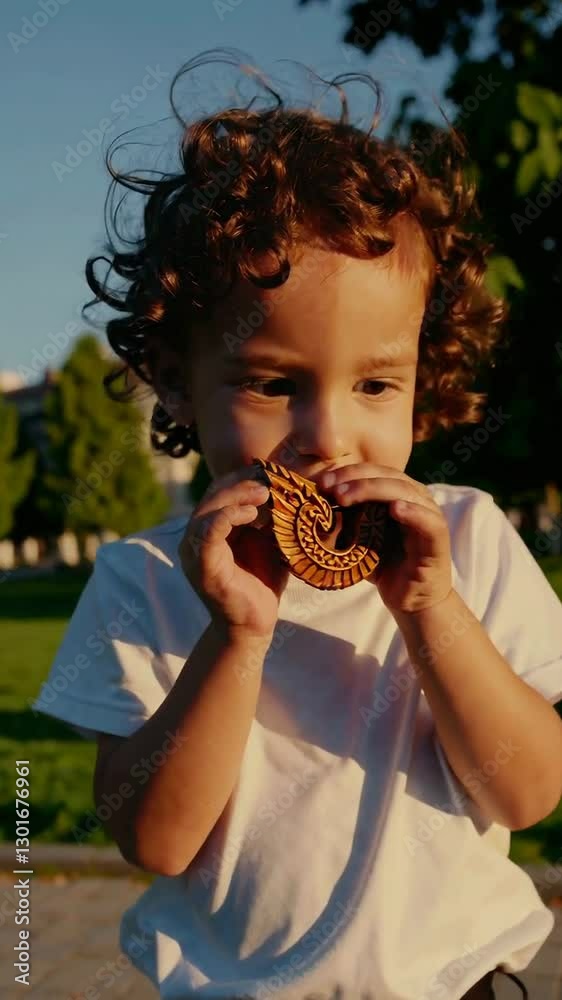 Curious child eats pretzel in sunny park setting with greenery and playful joy Curious child eats pretzel in sunny park setting with greenery and playful joy
