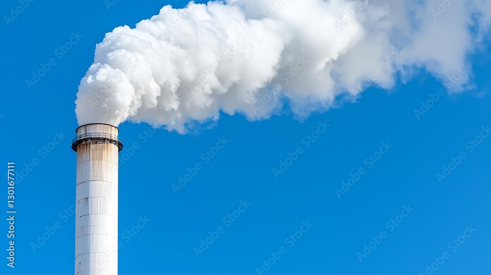 Tall chimney emitting white smoke against a blue sky, symbolizing pollution and environmental issues Tall chimney emitting white smoke against a blue sky, symbolizing pollution and environmental issues