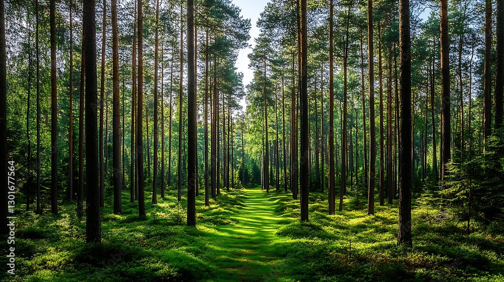 Naklejka premium Sunlit Path Through a Lush Pine Forest AI Generated