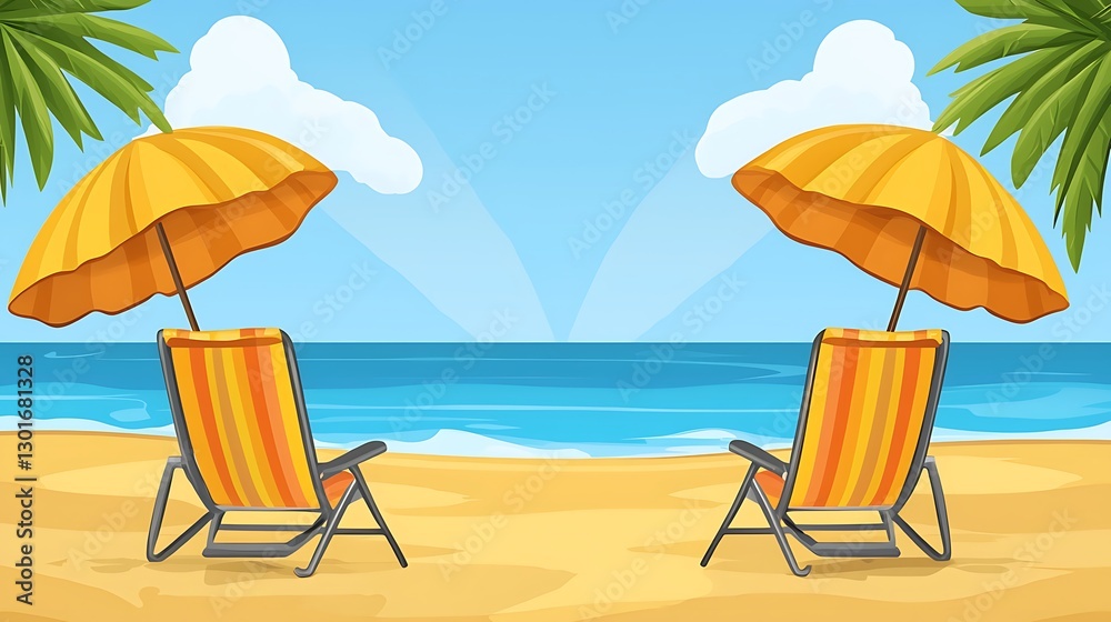 Two beach chairs with umbrellas on sand by the ocean with clouds, used for relaxation Two beach chairs with umbrellas on sand by the ocean with clouds, used for relaxation