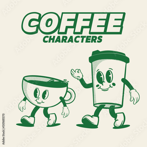 Retro Coffee Cup Characters – Vintage Style Cartoon Coffee Illustration