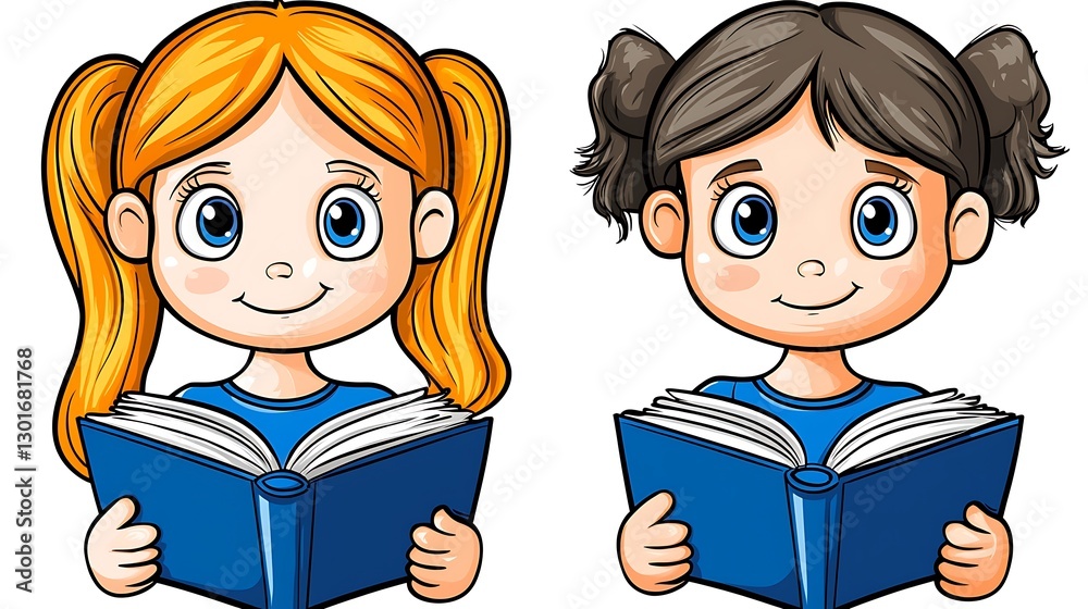 Two happy girls reading blue books in a classroom, possibly for school project use Two happy girls reading blue books in a classroom, possibly for school project use