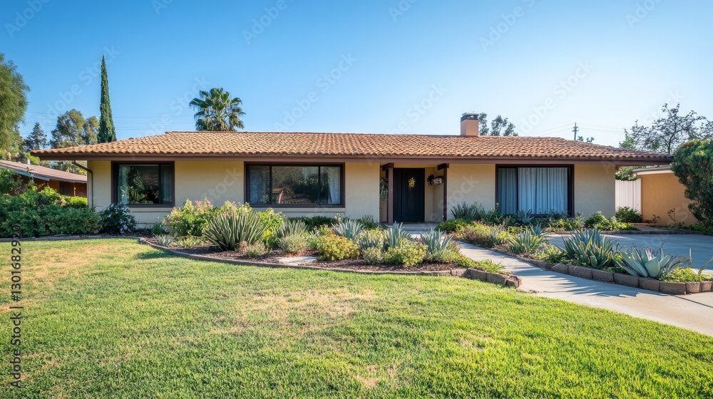 Modern Single Home with Front Yard and Blue Sky Modern Single Home with Front Yard and Blue Sky