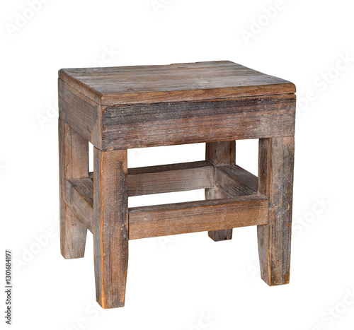 Rustic brown wooden stool isolated cutout on transparent
