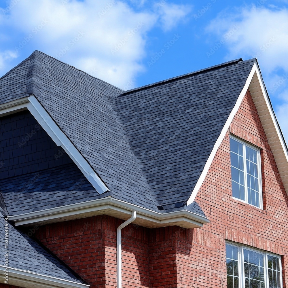 Modern brick house with new asphalt shingle roof and white gutter against blue sky Modern brick house with new asphalt shingle roof and white gutter against blue sky