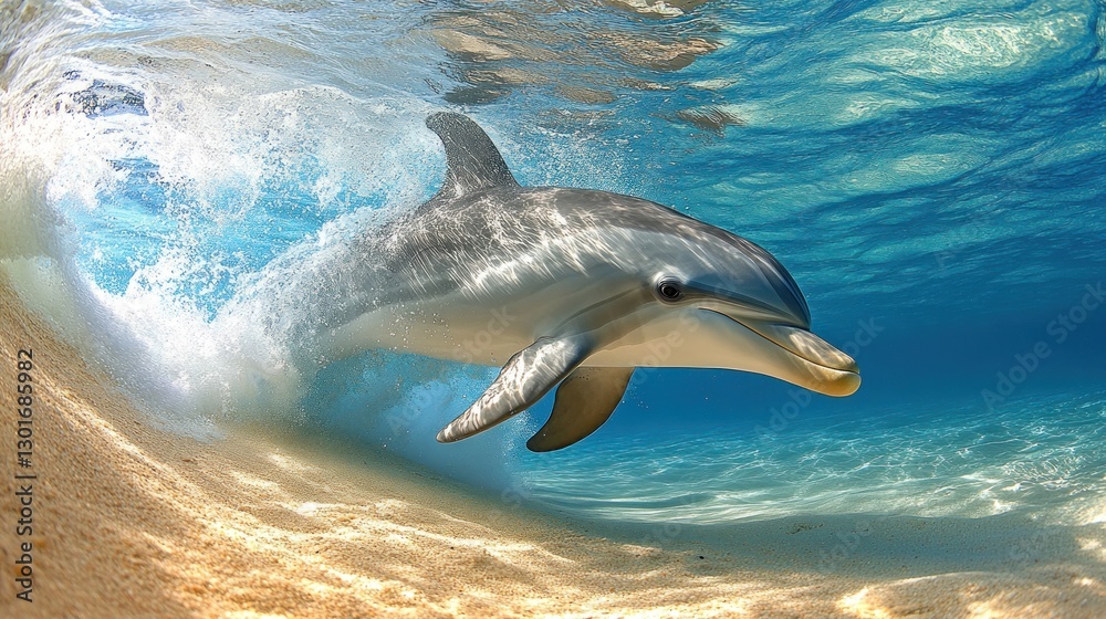 Naklejka premium Dolphin emerges from underwater wave, turquoise ocean, sandy bottom