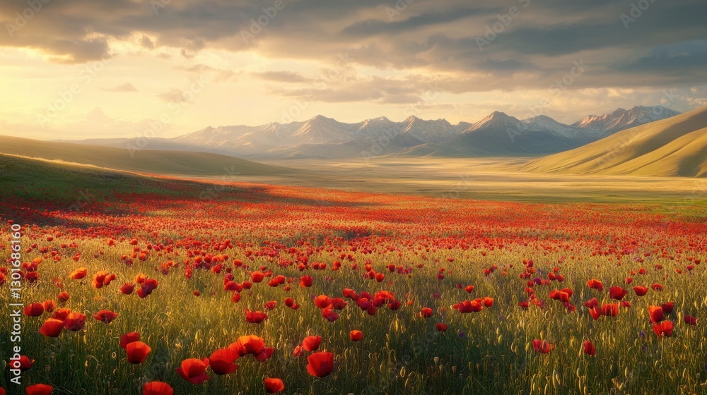 Sunrise over poppy field, mountain range, scenic landscape Sunrise over poppy field, mountain range, scenic landscape