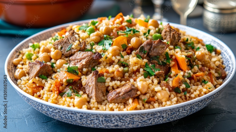 Traditional Moroccan couscous served in a ceramic dish, topped with vegetables, chickpeas, and lamb, showcasing rich culinary culture Traditional Moroccan couscous served in a ceramic dish, topped with vegetables, chickpeas, and lamb, showcasing rich culinary culture