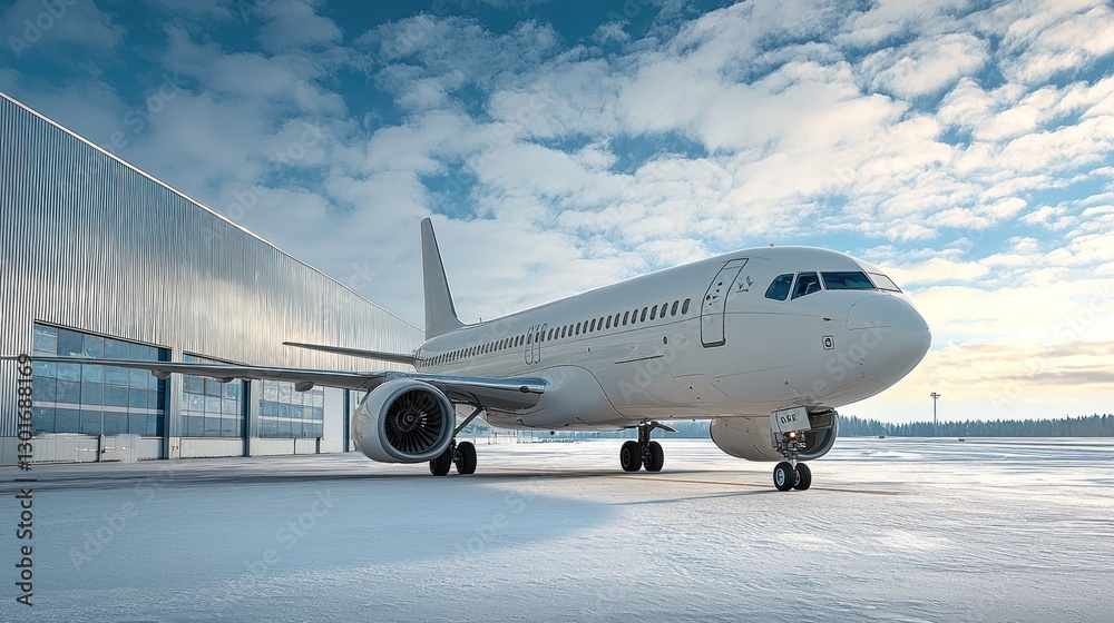 Fototapeta premium Private Jet on Snowy Runway near Hangar