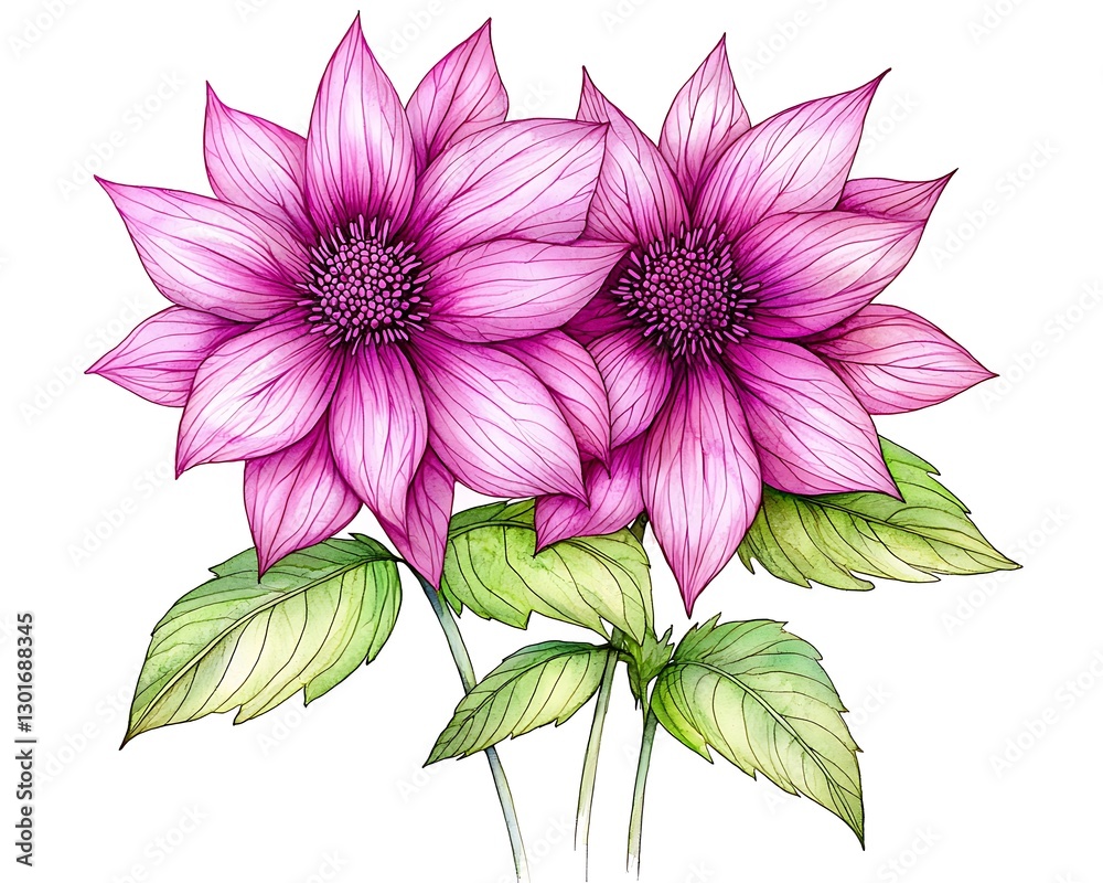 Obraz premium Watercolor pink dahlias bloom, leaves visible, isolated white background, used for decoration