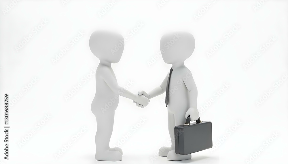 Dos figuras blancas, sin rostro, género y raza, renderizadas en 3D, se muestran dándose la mano sobre un fondo blanco puro Dos figuras blancas, sin rostro, género y raza, renderizadas en 3D, se muestran dándose la mano sobre un fondo blanco puro