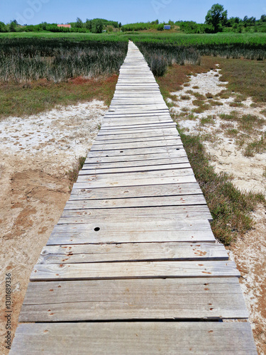 Wooden boardwalk through a marshland under a clear blue sky