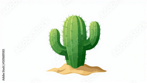 Vibrant Green Cactus in Desert Sand Illustration with White Empty Background - Vector Art Style - Generative AI